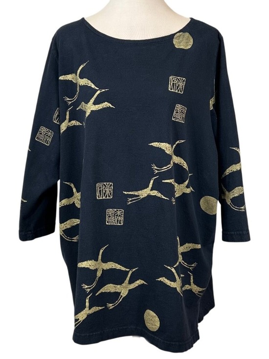 M. MAC Tops - M. MAC Vintage Black Gold Japanese Crane Print Tunic Size 3X